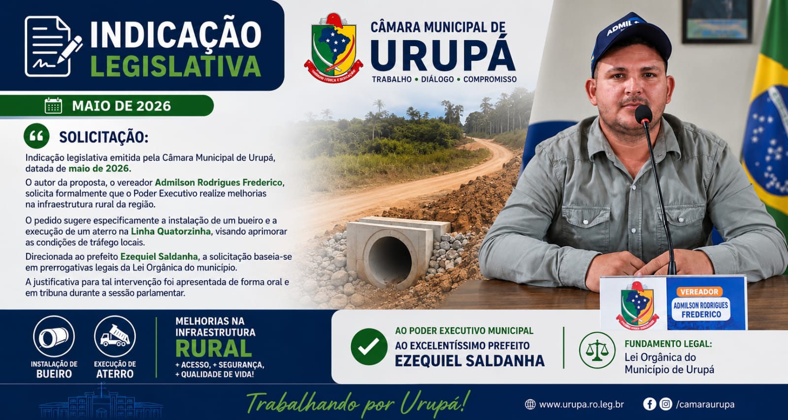indicação legislativa emitida pela Câmara Municipal de Urupá o vereador Admilson Rodrigues Frederico